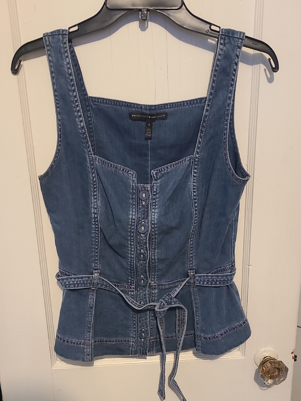 White House Black Market Blue Denim Button-Front Tank with Waist Tie